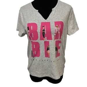 Stretchy Barbie Gray Pink Short Sleeve Tee Shirt Top in size XL Barbie Movie Fun